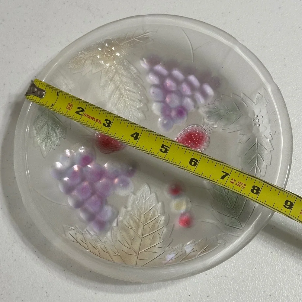 Frosted Glass Fruit Motif Serving Plate Iridescent‎ Grapes Strawberries VTG 8.5